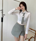 College Style Suit Age-Reducing Parallel Bars Tie White Shirt Top Women's Gray High-Waisted Split Hakama Two-Piece