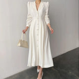 Women Autumn Spring Midi Shirt Dress Elegant Office Lady One Piece Korean Style Clothes
