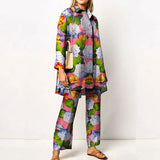 Turn Down Collar Blouse + Wide Leg Pants Outfits Women Autumn Long Sleeve Tee Suit Elegant Floral Printed Two Piece