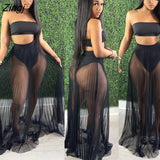 Up Skirt Swimsuit Women 3 Piece Set Strapless Crop Tops Pants And Mesh Skirt Fashion Pleated Beach