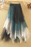 Mesh Pleated Women Elastic Waist Patchwork 2023 Spring Summer Elegant Romantic Girls Long Skirts