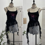 Real Shooting 2025 Summer New Women's Fashionable Lace Letter Print Sling Vest Ribbon Ribbon Ribbon Sleeveless Top