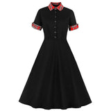 Plaid Print Black Women Casual Rockabilly Dress 40s 50s 60s Summer Button Front Shirt Sundress A Line Party Swing