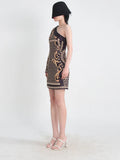 Zingj Spring Wear New Printing Heavy Industry Nail Bead Single Shoulder A Line Skirt Retro Style Small Long-Sleeved