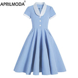 Summer Women Elegant Vintage Midi Dress Sexy Solid Patchwork A-line Vestidos Short Sleeve Party dress 2022 Robe