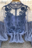Through Mesh Lace Blouse with Lining Women Elegant Embroidery Floral Lantern Sleeve Slim Short Tops Ladies Sexy Shirts