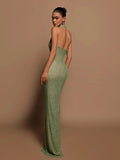 Halter Deep V Neck Sequin Maxi Dress- Outfit