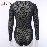 Women Long Sleeve Casual Bodysuits Fashion V-Neck Black Leopard Print See Through Sexy Velvet Mesh Bodysuit Club Wear