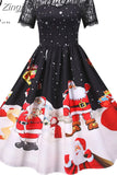 Women's Christmas Dress Short Sleeve Lace Santa Claus Print High Waist Elegant Vintage Winter Xmas Party