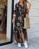 Autumn Elegant Button Sexy V Neck Women's Midi Shirt Dress Summer Chain Print Party Maxi Beach Ladies Long Dress