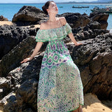 Zingj Bilateral Flounces One Word Collar Embroidery Hollow Long Dress Female Sense Shoulder