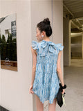 Tie Dye Chiffon Sleeveless Blue Summer Babydoll Dress 2021 Bow Tie Ruffle Korean Fashion Mini A Line Dress