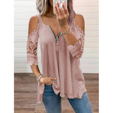 Elegant Hollow Out Shirt Women Sexy Lace Half Sleeve Zipper Casual T Shirt V Neck Loose Plus Size Sling Pullover