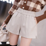 Elastic High Waist Wide Leg Biker Shorts Autumn PU Leather Shorts Women Plus Size Femme Casual Ladies Shorts