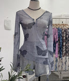 Dizziness Printing Mesh T-Shirt T-Shirt Irregular Lotus Leaf Side Ribbon Short Coat