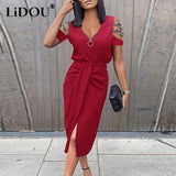 Zipper V-neck Pleaded Hollow Short Sleeve Skinny Casual Midi Dresses Women Summer Sexy Elegant Party Dress Robe