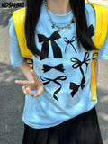 Preppy Y2k T-shirt Women Kawaii Bow Print Short Sleeve Graphic T Shirts Harajuku Fashion Casual Tops Cute Tees
