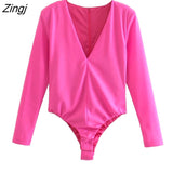 New Women Sexy V Neck Solid Color Slim Bodysuits Lady Chic High Street Back Zipper Club Party Playsuits Rompers