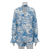 Zingj Summer Suit Fashion Chinese Style Printed Trumpet Sleeve Shirt, Shorts, Flounce Two-Piece Set-Outfit