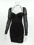 Mesh Halterneck Dress Women Summer Sexy Long Sleeve Elegant Streetwear High Waist Fishbone Bodycon Mini Dress
