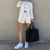 Spot 2025 Autumn New Women's Fashion Temperament Striped Long-Sleeve Suit Shorts Two