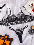 Black Skull Embroidery Mesh Lingerie Set- Outfit