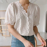 Ladies Lace Border Shirt Fashion Women Hollow Out White Blouse Simple Casual V-Neck Short Sleeve Blouses and
