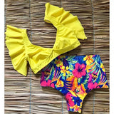 Ruffled Hem Bikini Set Women Flora V-Neck High-Waisted Two Piece Swimsuit 2021 Girl Beach Bathing Suit Swimwear