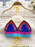 Vacation Beach Style Knitted Suits Halter Lace up Backless Camis+Hook Flower Drawstring Slim Skirt Fashion Sexy
