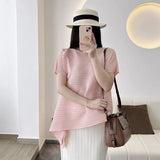 Folding Top Short Top Design Women's Niche Summer Asymmetrical Loose Large-Size Round Collar T Shirt Short
