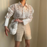 Zingj Chic Summer Court Style French Vintage Heavy Industry Lace Hollow Lantern Sleeves Lapel Shirt Jacket