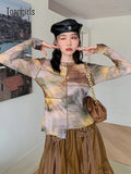 Tie Dye Mesh Tops Irregular Hem Long Sleeve T Shirt Women See Through Tshirt Designer Y2k Vintage Tees 2022 Spring