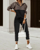 New Fashion Women Plaid Print Zipper Front Hooded Top & Pants Set Two Pieces Suit Flare Pants