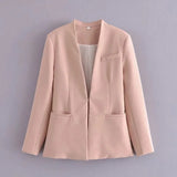 Solid Casual Women Suit Blazer Jacket Office Lady Double Pocket Cardigan Simple Coat Elegant Chic Streetwear