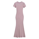 Zingj Trendy Women's Dress Sexy High Waist Hip Fishtail Skirt Temperament Solid Color Short-Sleeved Round-Neck Dress Long