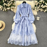 Zingj Style Dress Women's 2024 New Heavy Industry Embroidery Hollowed-Out Flower Buckle Slim Medium-Long Bubble Sleeve