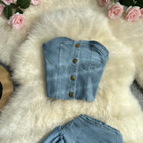 Zingj Cool Hot Girl Suit Skirt Female Summer Short Jeans Strapless Vest Top Two Set High Waist A-Line