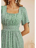 Dress Women Short Sleeve High Waist Floral Print Midi Dress Casual Elegant Square Collar Holiday Beach