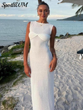 Solid Knot O Neck Knitted Long Dresses Women Sexy Sleeveless Slim Fit Maxi Dress Female Party Beachwear Casual