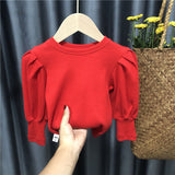 Baby Toddler Teenage Girls Sweaters Tops Spring Autumn Long Puff Sleeve Knitted Kids Sweater For Girl Children's