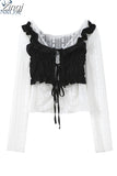 Women's Blouse White Hollow Out Mesh Black Ruffle Lace Up Draped Vest 2023 Summer Chic Vintage Casual Korean Shirt