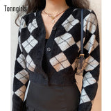 Preppy Style Cardigan Women Long Sleeve Knitted Cardigan Argyle Cashmere Cardigan Streetwear Black Sweater Winter