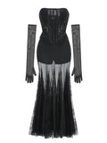 Autumn/Winter 2024 New Black Lace Breast Dress Long Dress Women's Gloves Three-Piece