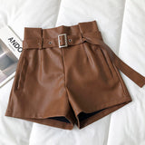 New PU Leather Shorts Women Shorts All-match Sashes Wide Leg Short Ladies Sexy Leather Shorts Autumn