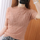 New Cotton T-shirt Women's Half Turtleneck Pleated Round Neck Knitted Short-sleeved Slim Fashion All-match Bottoming
