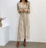 Women V-neck Print Dress 2021 Female Full Sleeve Lace-up Waist A-line Vestidos