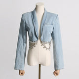 Zingj Chain Decoration Short Coat Fashion Hip Skirt Two-Piece Denim Suit
