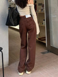 Women's Wide Leg Jeans Star Pocket Vintage Straight Pants High Waist Baggy Streetwear Casual Brown Denim Trouser Ladies