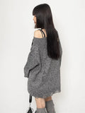 Gothic Sexy Off Shoulder Knitted Jumpers Grunge Jacquard Sweater Fashion Knitwear Y2k Aesthetic Slash Neck