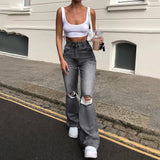 Street Women's Jeans Y2K High Waist Ripped Denim Jeans Straight Pants Streetwear Wide Leg Jeans Casual Loose Baggy